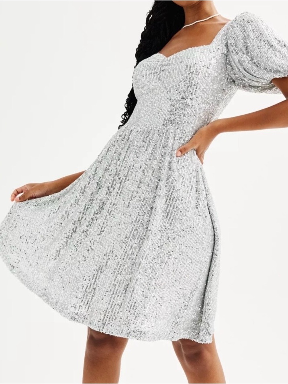 SO Silver Sequin Puff-Sleeve Mini Dress